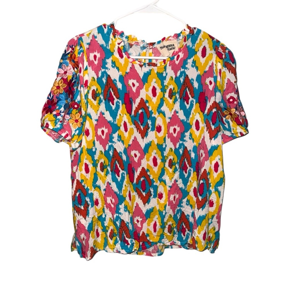 Savanna Jane Multicolor Ikat Print Floral Embroidered Blouse